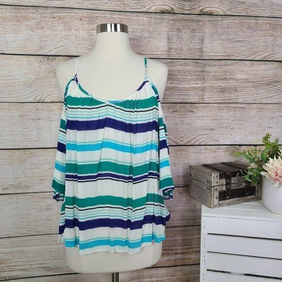 NWT Sanctuary Womens Blouse Top Size S Blue Cold Shoulder Scoop Neck Striped - Picture 1 of 4